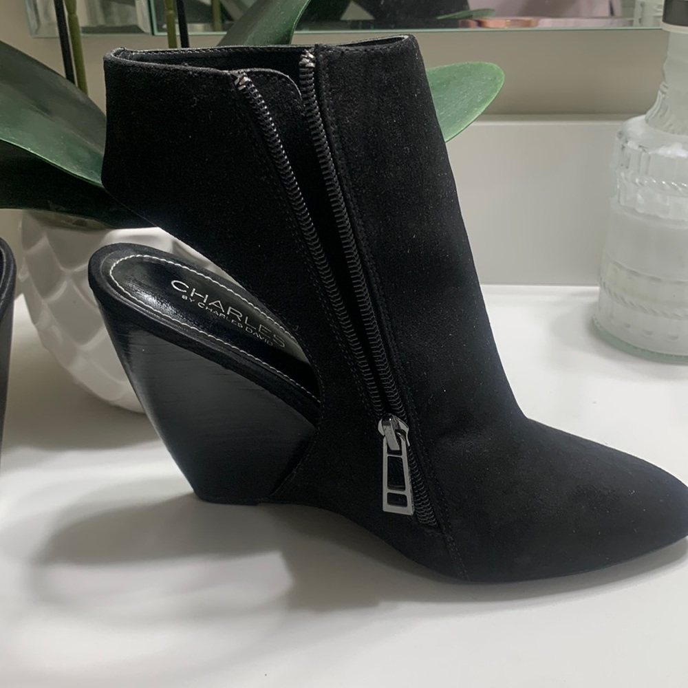 Black suede wedge booties. Charles by Charles David. Excellent used condition.